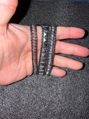 Triple Wrap Bracelet with Silver Studs and Rhinestones - Black